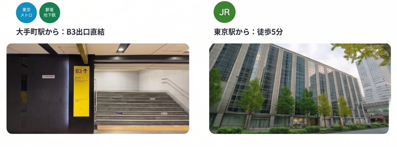 大手町駅からのアクセス(大手町から：B3出口直結 | 東京駅から：徒歩5分)