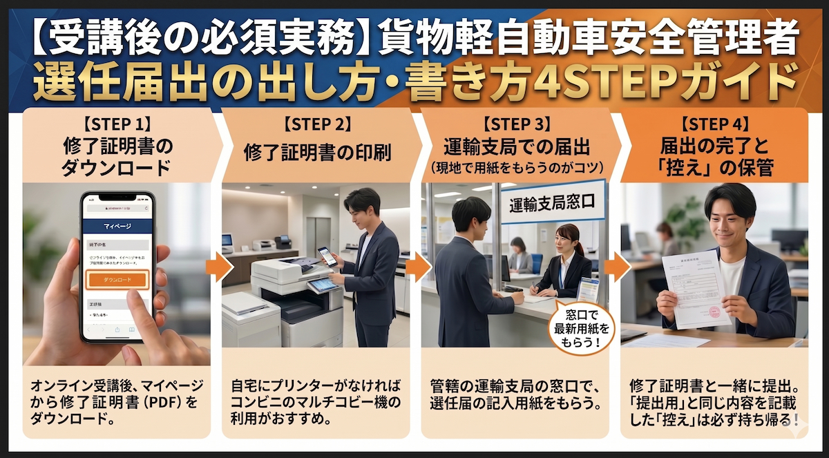貨物軽自動車安全管理者講習が修了したら次はこの4ステップ。貨物軽自動車安全管理者選任届出の提出ガイド！