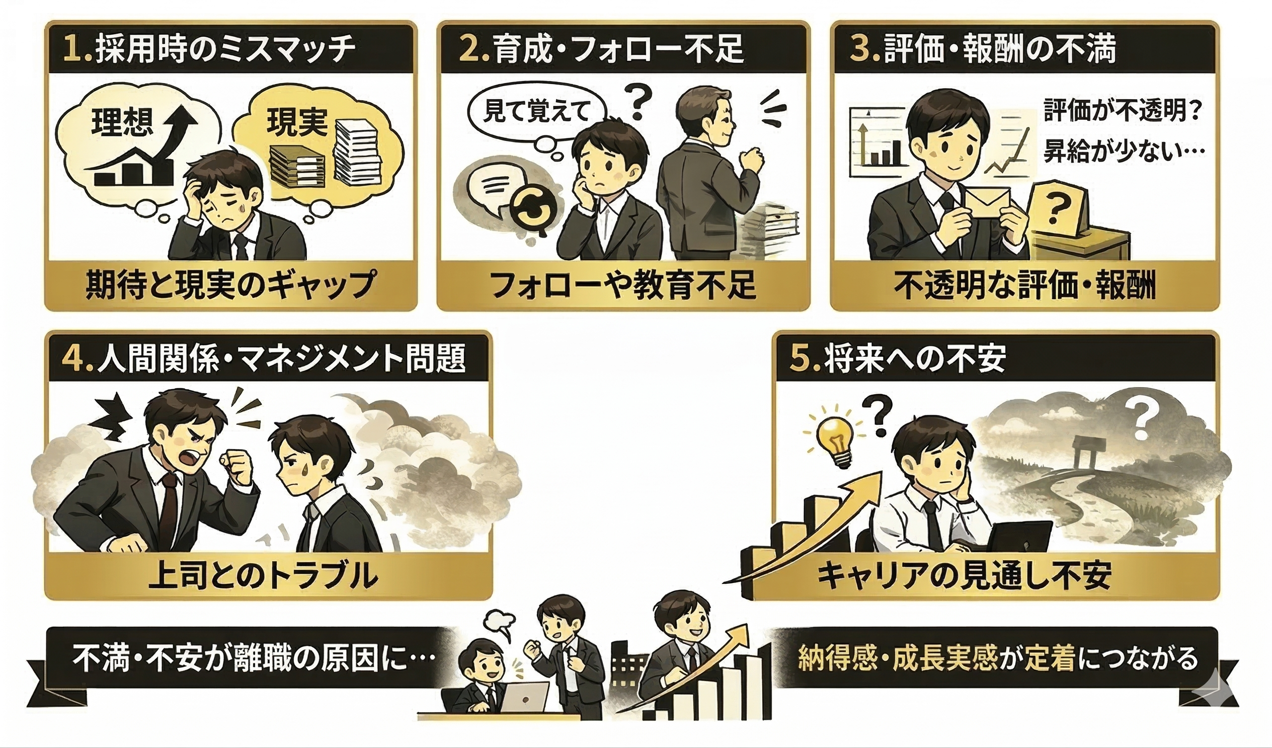 人材が定着しない5つの要因
1.採用段階のミスマッチ
2.育成・フォロー体制の不足
3.評価・報酬への不納得感
4.人間関係・マネジメントの問題
5.将来像・成長実感が描けない
