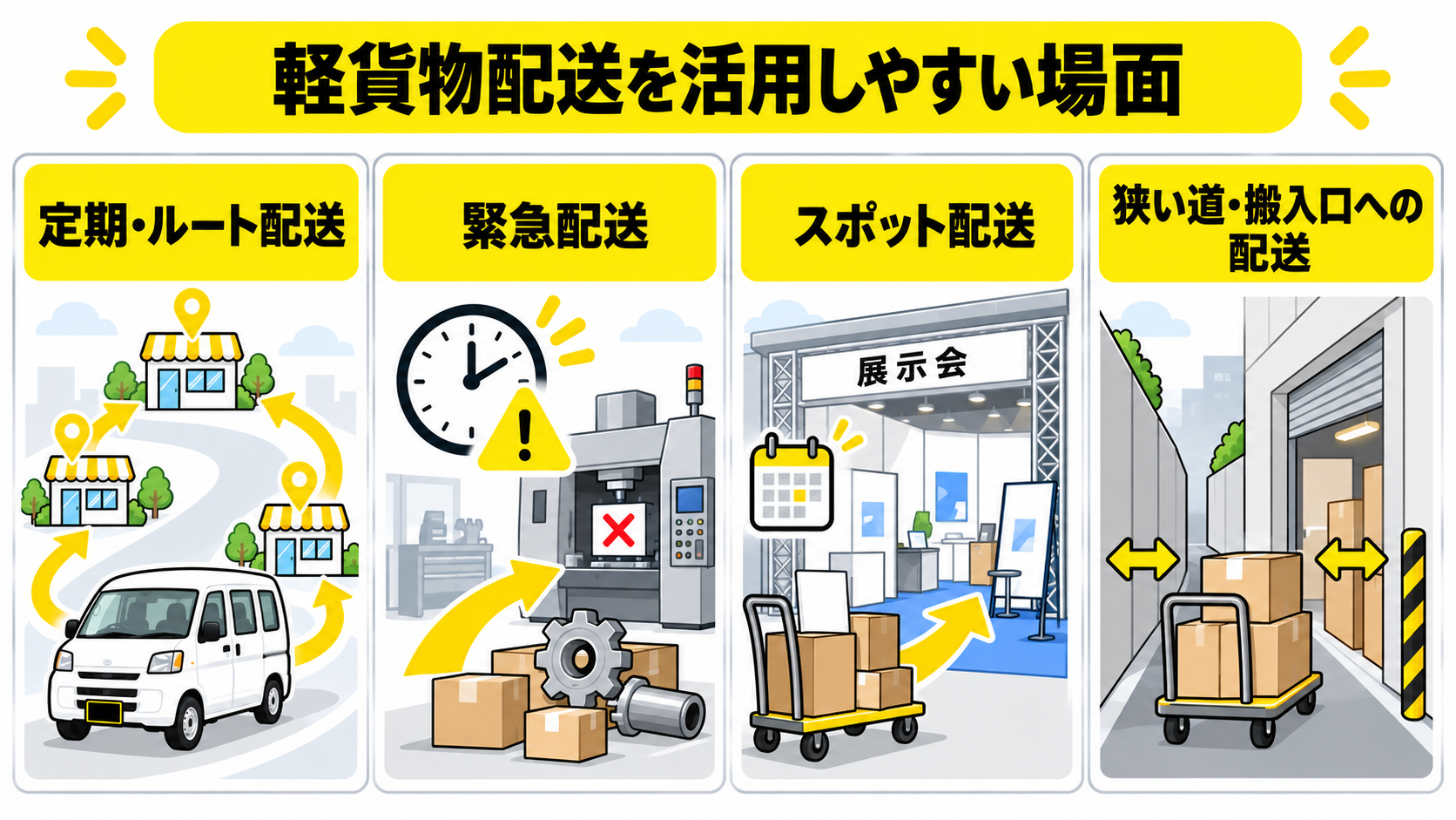 定期ルート配送、緊急配送、スポット配送、狭い搬入口への配送の活用場面
